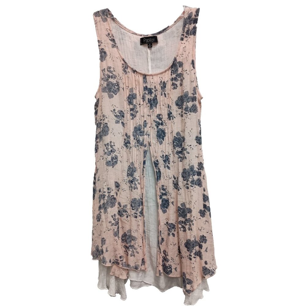 Papillon BOHO Cottagecore Tunic Top Womens Small Pink‎ Floral Layered Sleeveless